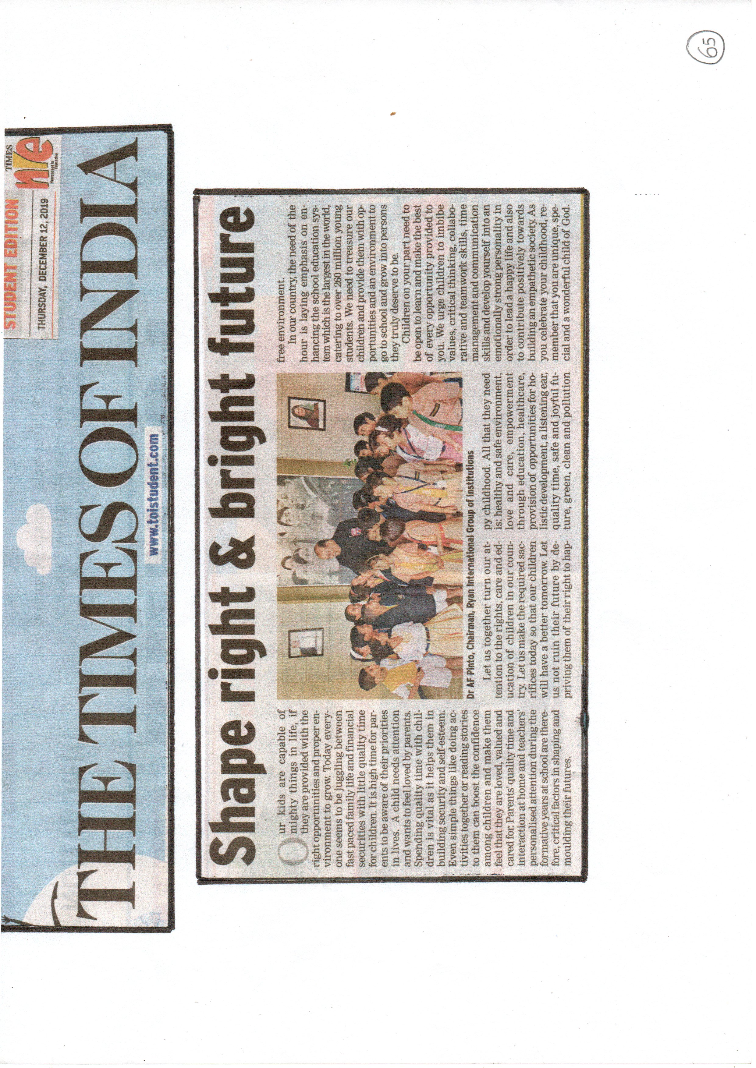 Chairman Sir Article - Shape right and bright future - Ryan International School, Sector 39